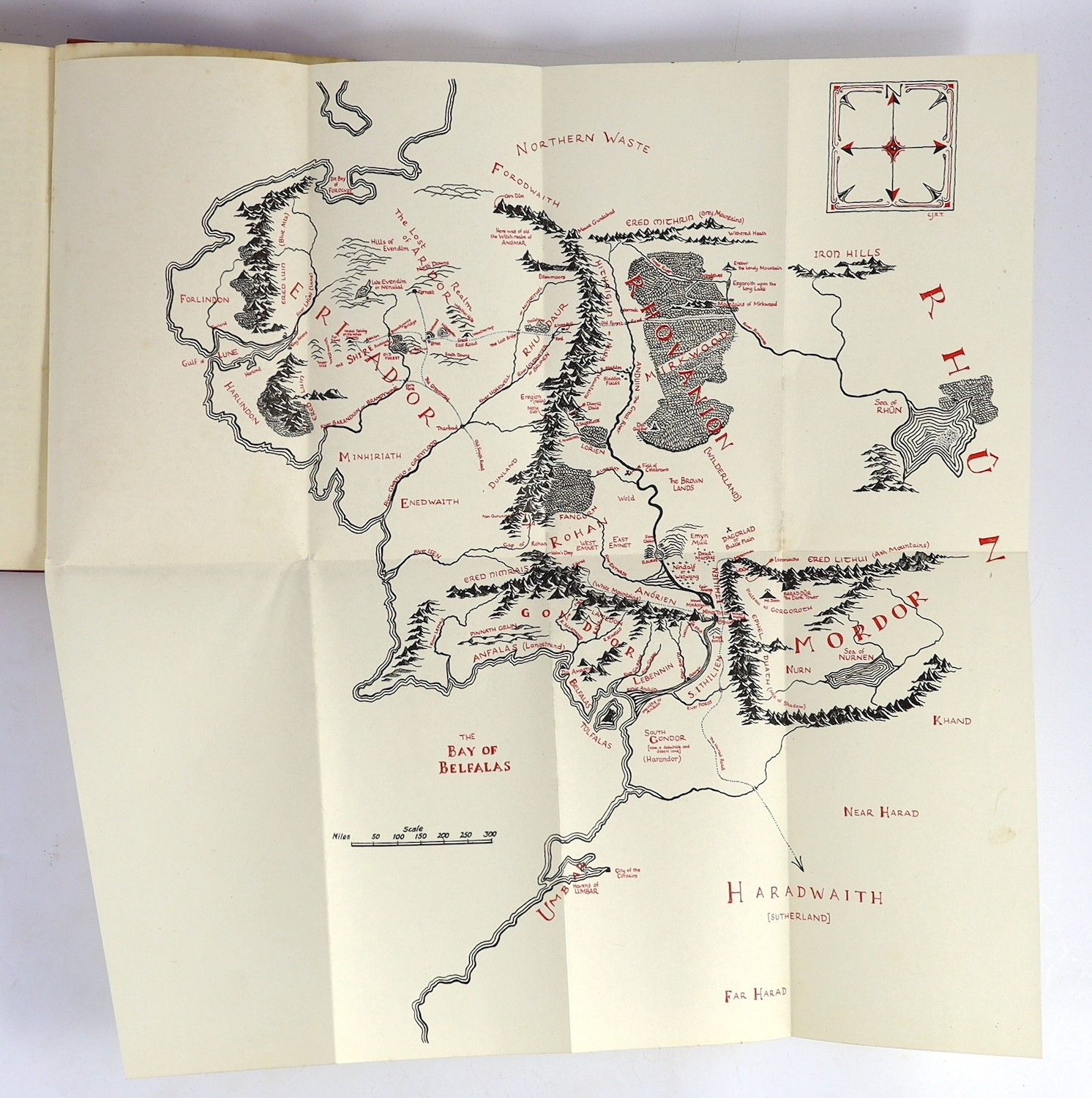 Tolkien, John Ronald Reuel - The Lord of the Rings, 1st editions, 1st impressions of Towers and Return, 2nd impression of Fellowship, 3 vols, 8vo, publisher’s dark red cloth, in unclipped pictorial d/j’s, all with tipped
